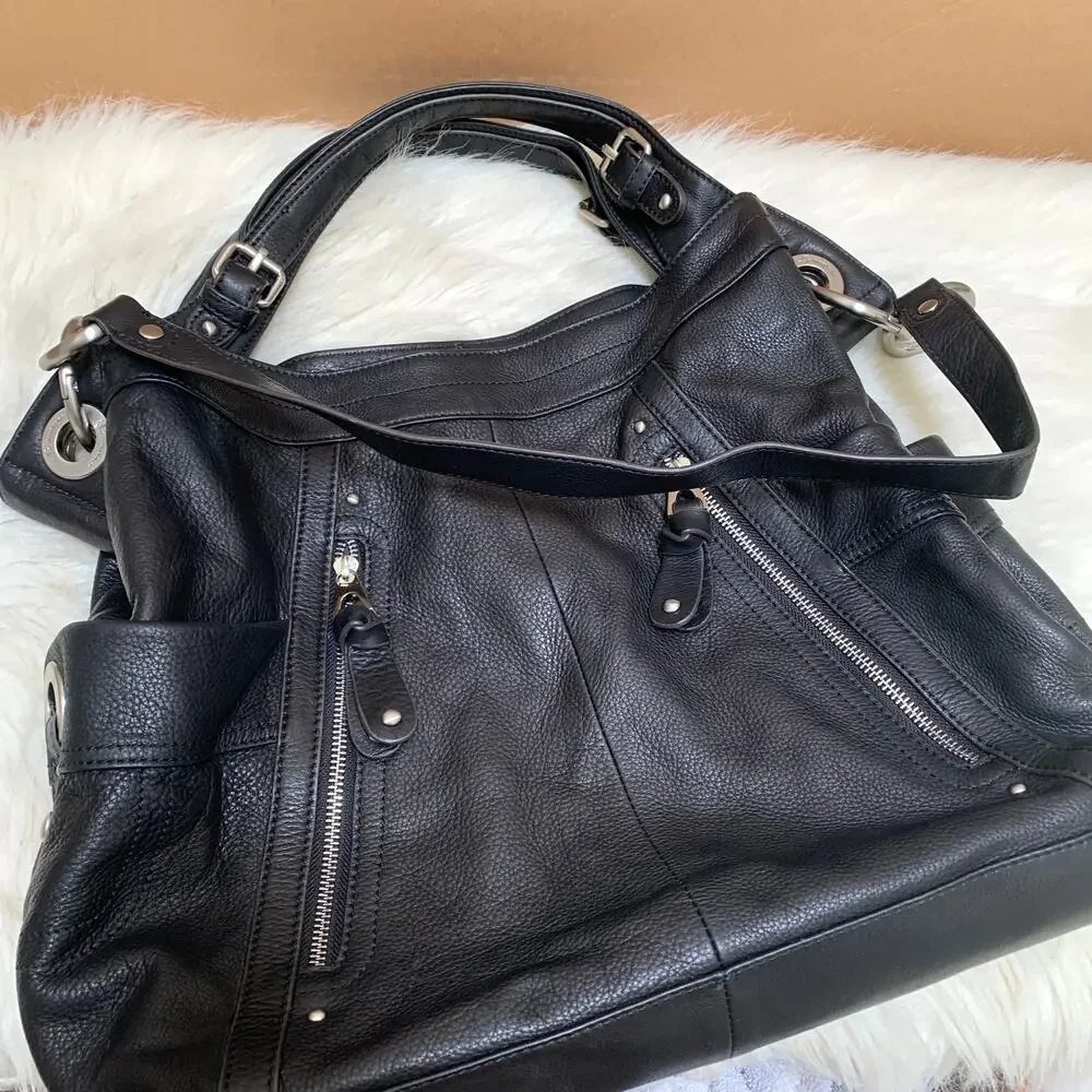 B. MAKOWSKY Extra Large Luxe Black Leather Convertible Shoulder Bag Tote
